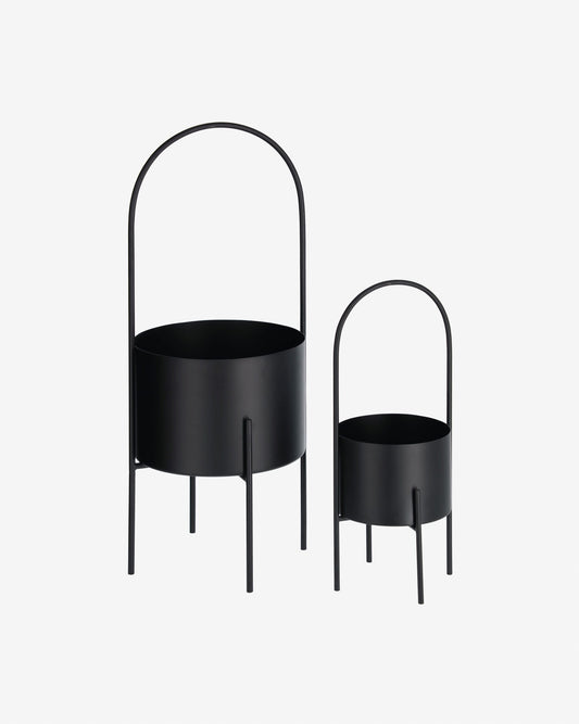 Set of 2 Mash planters with black metal handle Ø 25 cm / Ø 16,5 cm