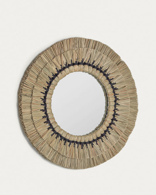 Akila round mirror made from beige natural fibres and black cotton cord, 60 cm