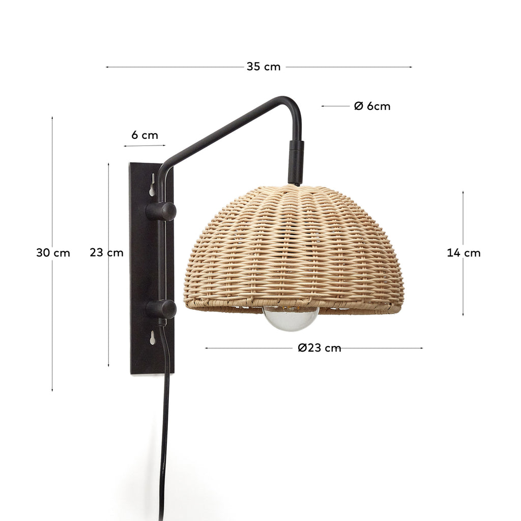 Damila wall light in rattan and black metal