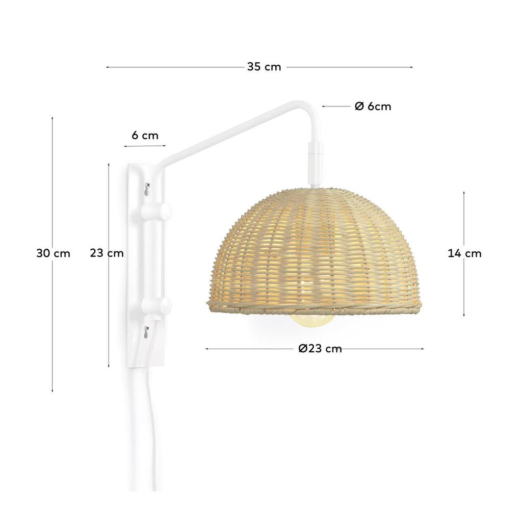 Damila wall light in metal with white finish and rattan with natural finish