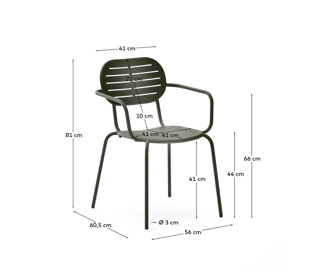 Brai stackable outdoor chair with armrests in green galvanised steel