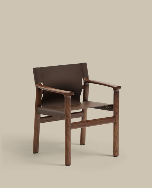 Jan chair made of dark brown recycled leather fibres and FSC 100% solid ash wood with walnut-coloured finish