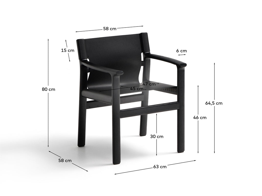 Jan chair made of black recycled leather fibres and FSC 100% solid ash wood with black finish