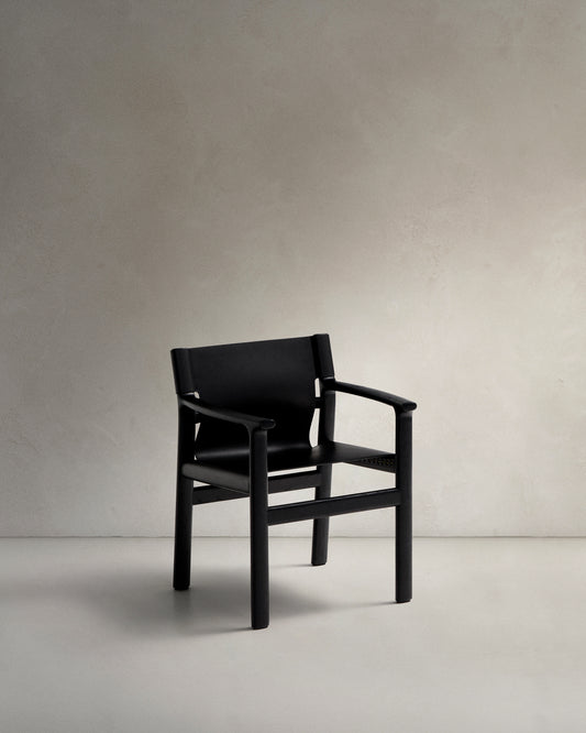 Jan chair made of black recycled leather fibres and FSC 100% solid ash wood with black finish