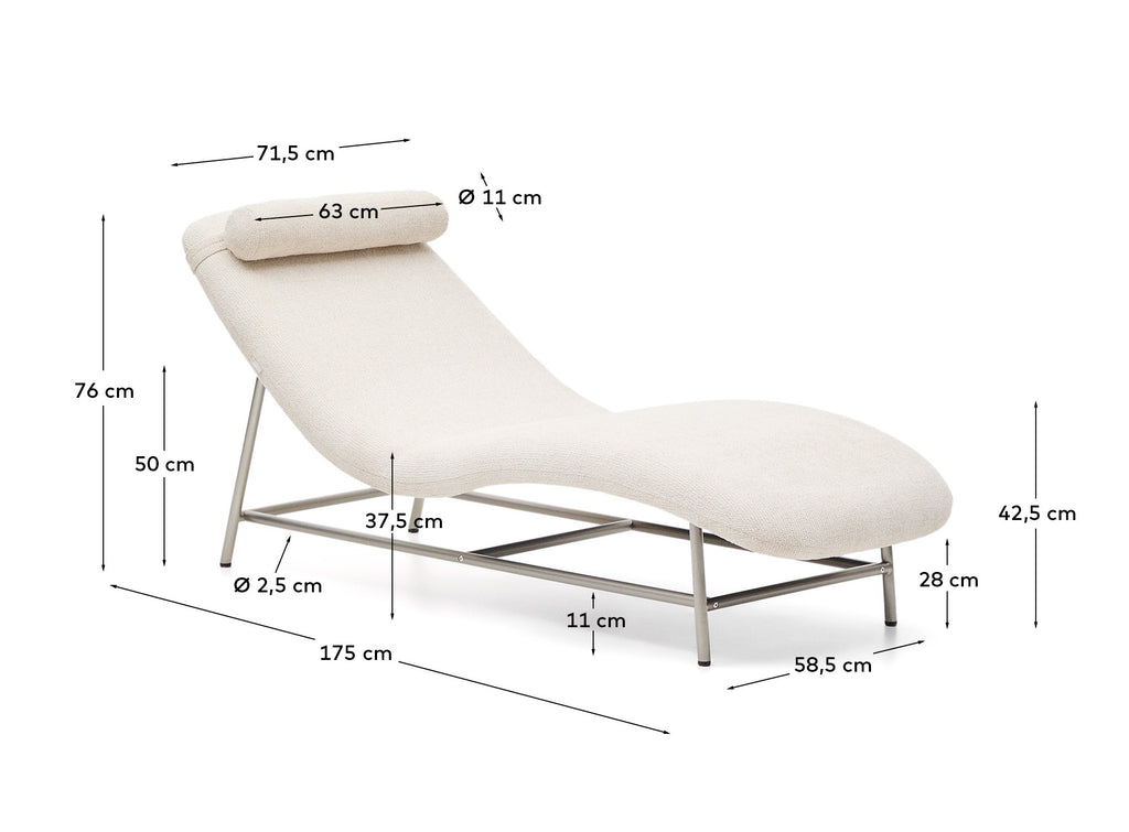 Osla chaise longue in beige chenille with brushed stainless steel legs 175 cm