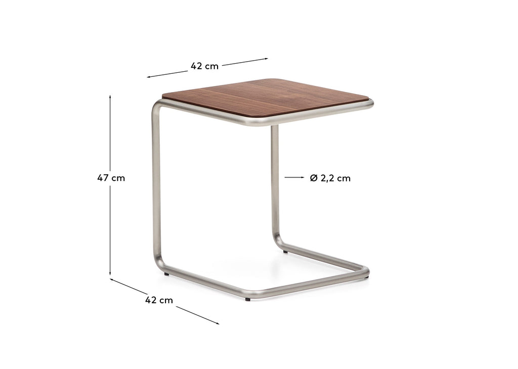 Tarsel side table in walnut veneer with brushed stainless steel structure 42 x 47cm