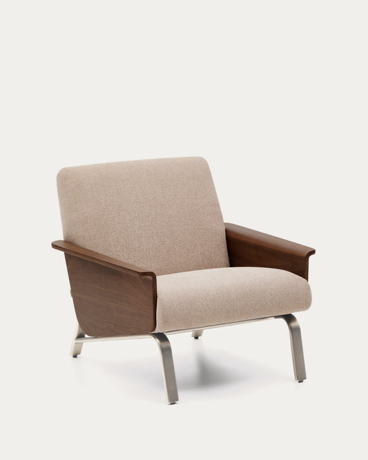 Amsen light brown armchair in walnut plywood with legs in brushed stainless steel