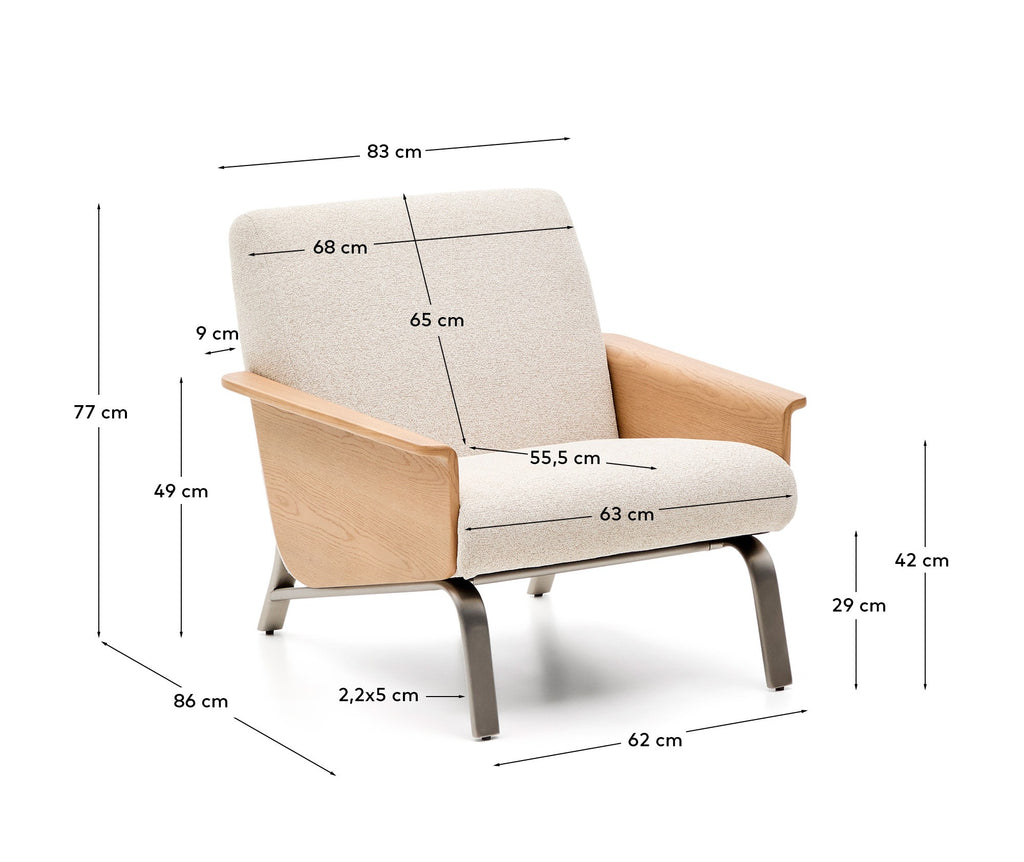 Amsen beige armchair in oak plywood with legs in brushed stainless steel