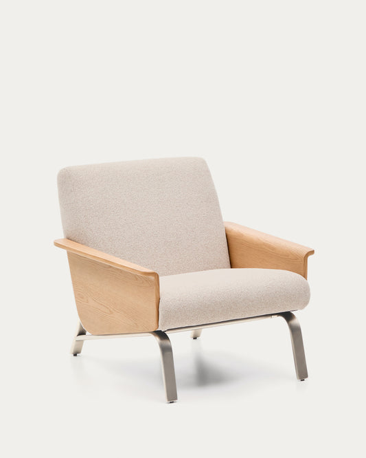 Amsen beige armchair in oak plywood with legs in brushed stainless steel