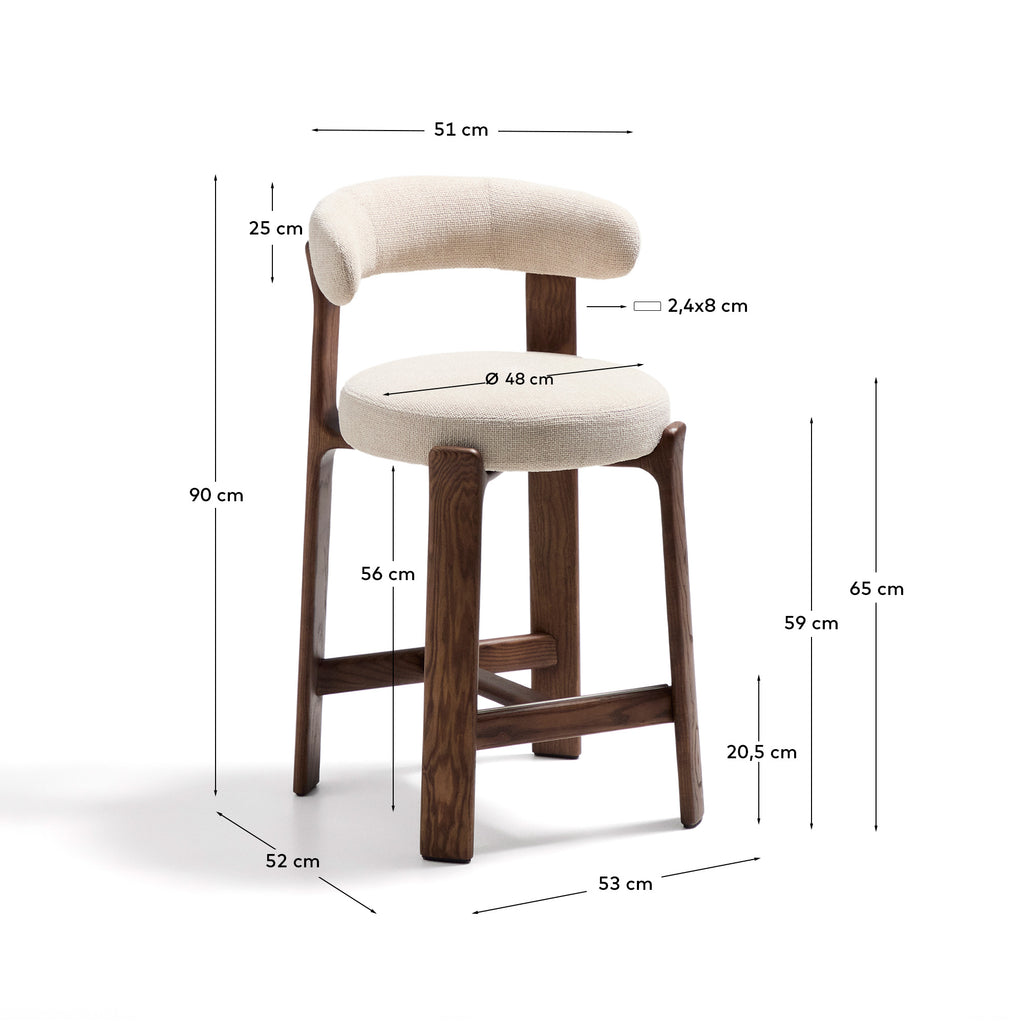 Granite stool in beige chenille and solid ash wood with walnut-coloured finish FSC 100% 65cm
