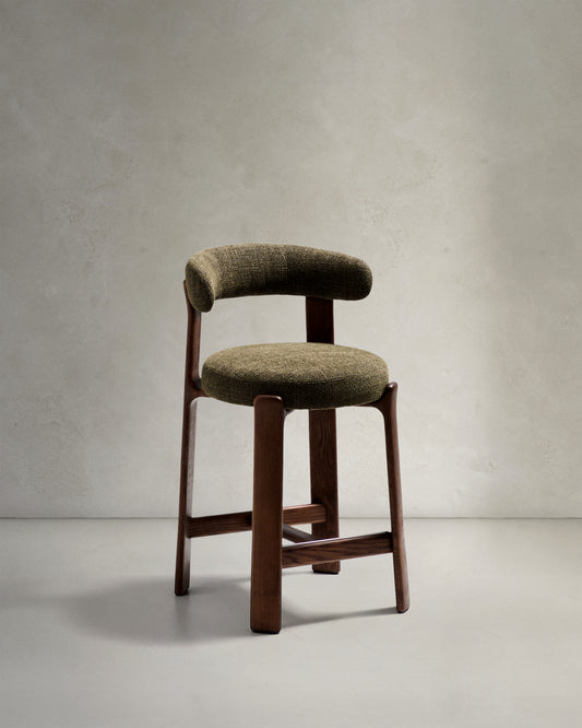 Granite stool in green chenille and solid ash wood with walnut-coloured finish FSC 100% 65cm