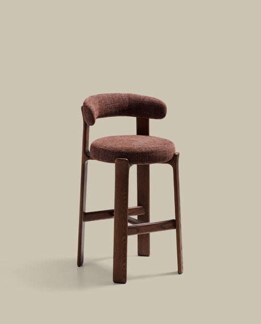 Granite stool in brown chenille and solid ash wood with walnut-coloured finish FSC 100% 75cm