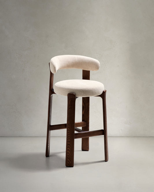 Granite stool in beige chenille and solid ash wood with walnut-coloured finish FSC 100% 75cm