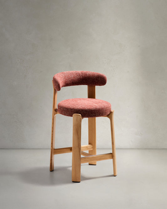 Granite stool in terracotta chenille and solid ash wood with natural tone finish FSC 100% 65cm