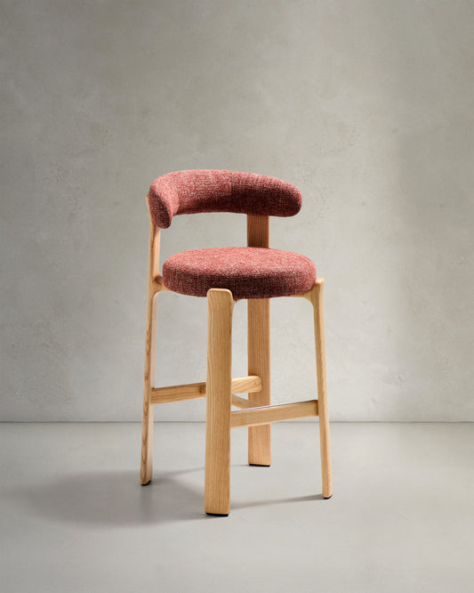 Granite stool in terracotta chenille and solid ash wood with natural tone finish FSC 100% 75cm