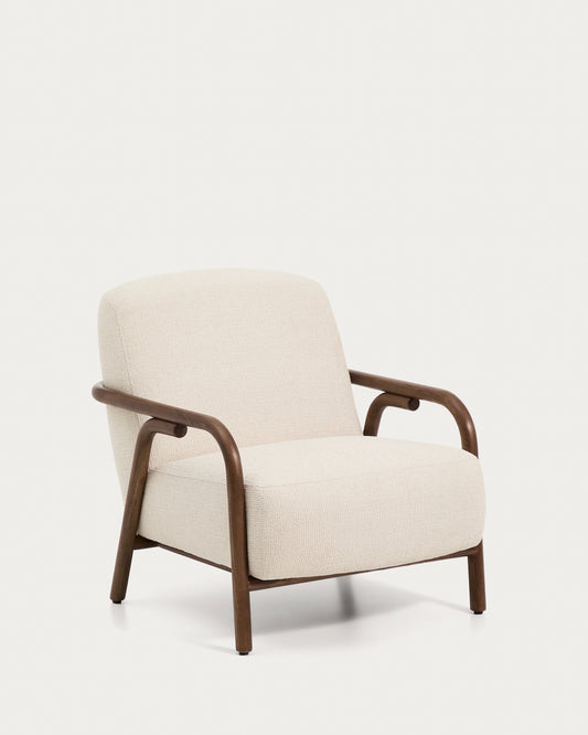 Sylo armchair in beige chenille and solid ash wood with walnut-coloured finish FSC 100%