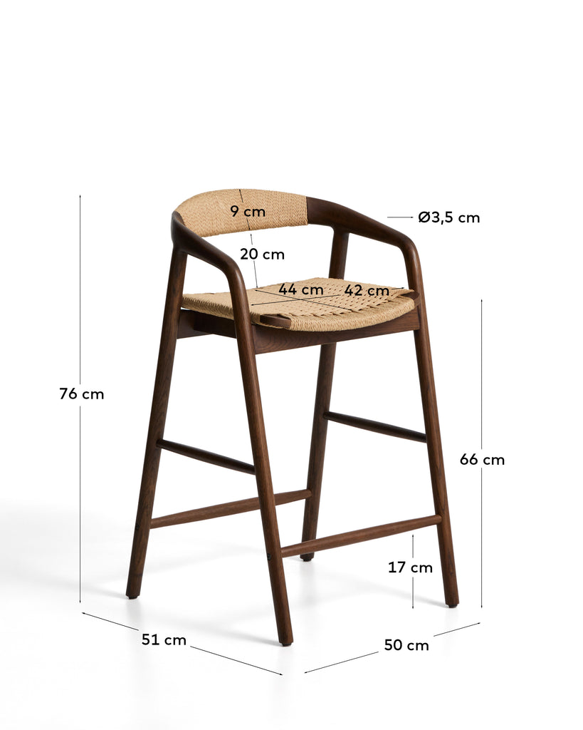 Derile stool in solid oak wood with walnut finish and beige paper rope cord FSC 100% 65 cm