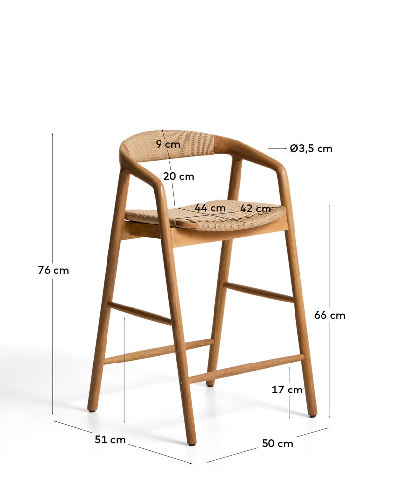 Derile stool in solid oak wood with natural-tone finish and beige paper rope cord FSC 100% 65 cm
