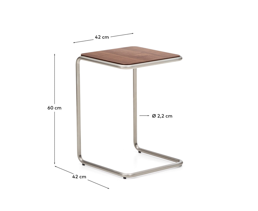 Tarsel side table in walnut veneer with brushed stainless steel structure 42 x 60cm