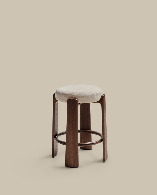 Granite fire-retardant stool in beige chenille and solid ash wood with walnut-coloured finish FSC 100% 65cm