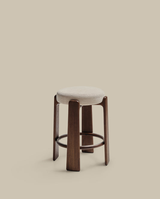 Granite fire-retardant stool in beige chenille and solid ash wood with walnut-coloured finish FSC 100% 65cm