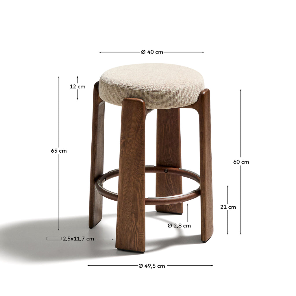 Granite stool in beige chenille and solid ash wood with walnut-coloured finish FSC 100% 65cm