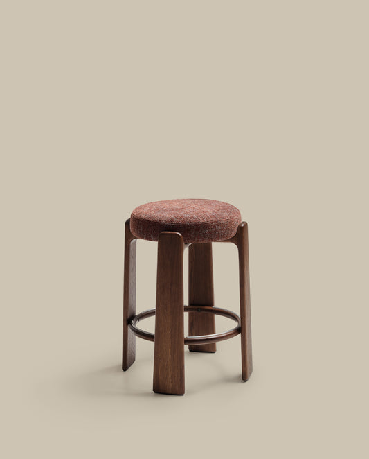 Granite fire-retardant stool in brown chenille and solid ash wood with walnut-coloured finish FSC 100% 65cm