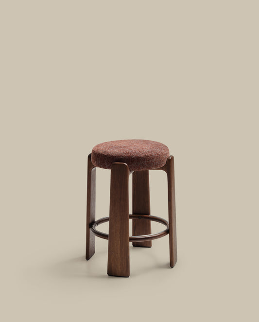 Granite stool in brown chenille and solid ash wood with walnut-coloured finish FSC 100% 65cm