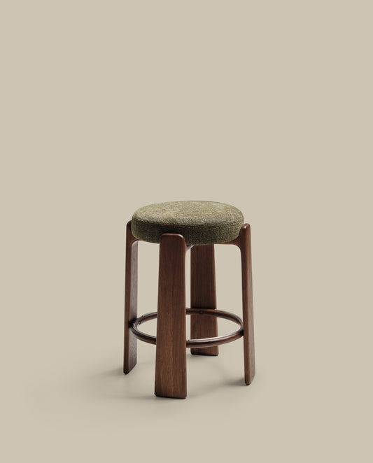 Granite fire-retardant stool in green chenille and solid ash wood with walnut-coloured finish FSC 100% 65cm