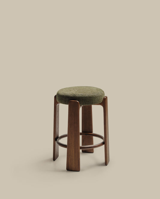 Granite fire-retardant stool in green chenille and solid ash wood with walnut-coloured finish FSC 100% 65cm