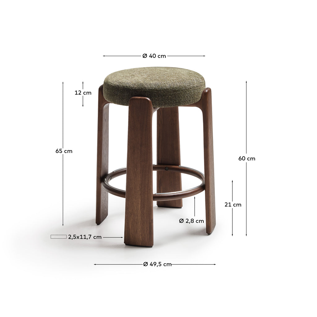 Granite stool in green chenille and solid ash wood with walnut-coloured finish FSC 100% 65cm
