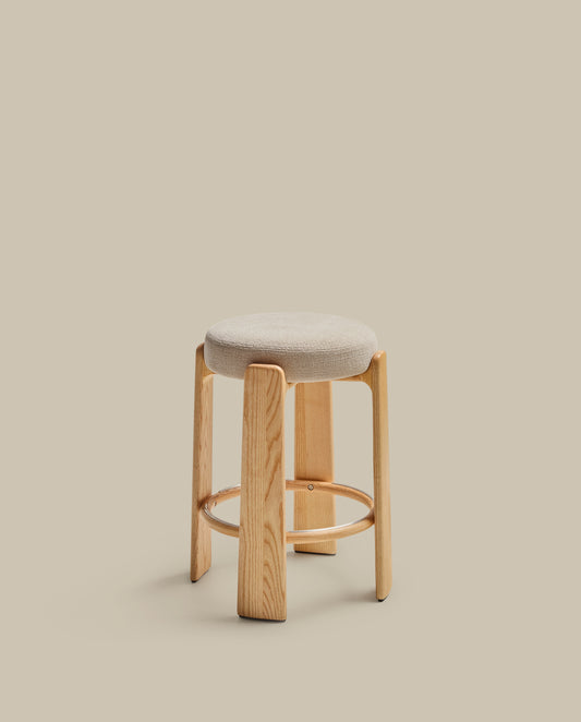 Granite fire-retardant stool in beige chenille and solid ash wood with natural-coloured finish FSC 100% 65cm