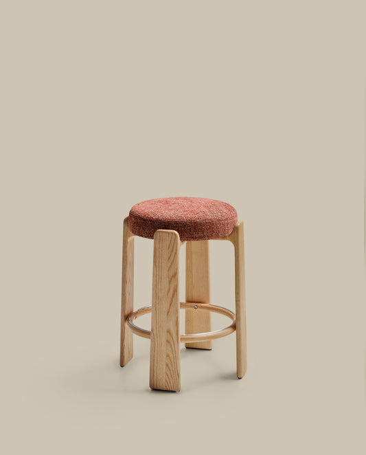Granite fire-retardant stool in terracotta chenille and solid ash wood with natural finish FSC 100% 65 cm