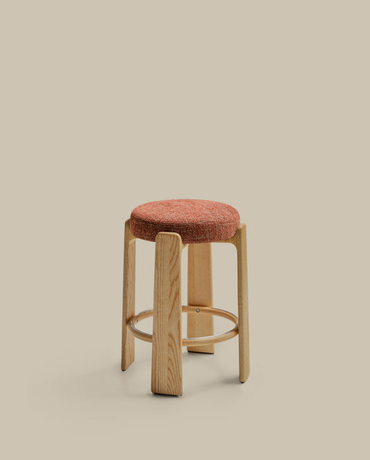 Granite stool in terracotta chenille and solid ash wood with a natural tone finish FSC 100% 65cm