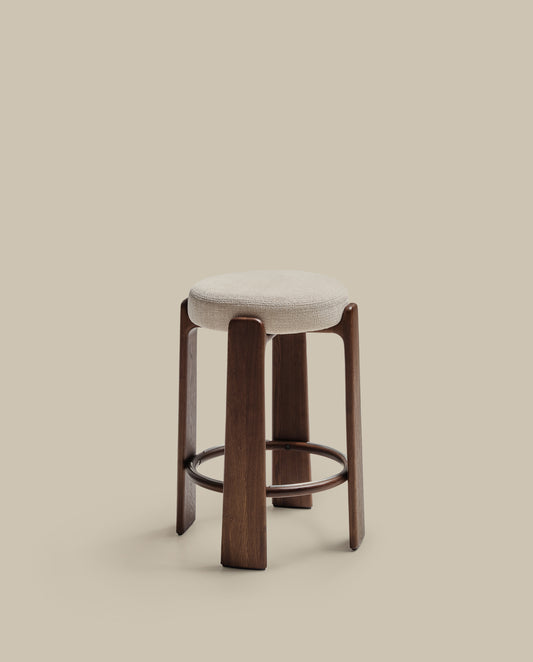 Granite stool in beige chenille and solid ash wood with walnut-coloured finish FSC 100% 75cm