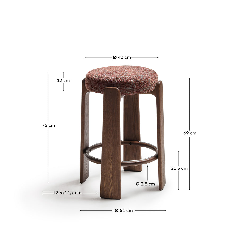 Granite stool in brown chenille and solid ash wood with walnut-coloured finish FSC 100% 75cm