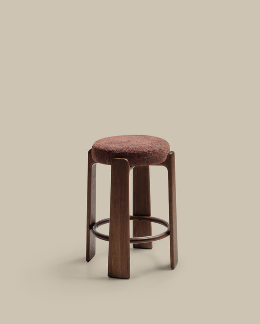 Granite stool in brown chenille and solid ash wood with walnut-coloured finish FSC 100% 75cm