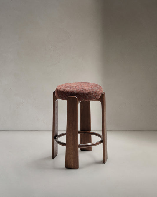 Granite stool in brown chenille and solid ash wood with walnut-coloured finish FSC 100% 75cm