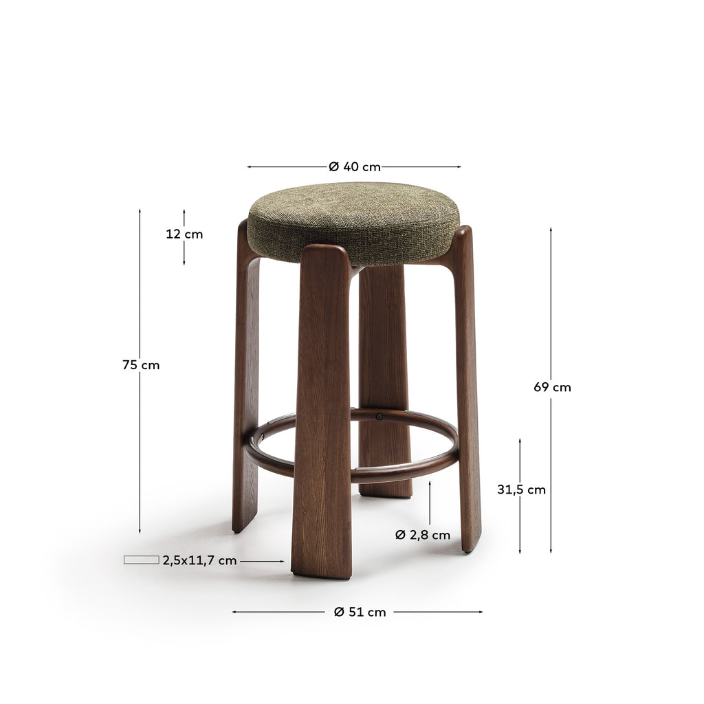 Granite fire-retardant stool in green chenille and solid ash wood with walnut-coloured finish FSC 100% 75cm