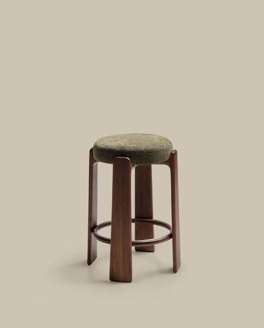 Granite fire-retardant stool in green chenille and solid ash wood with walnut-coloured finish FSC 100% 75cm