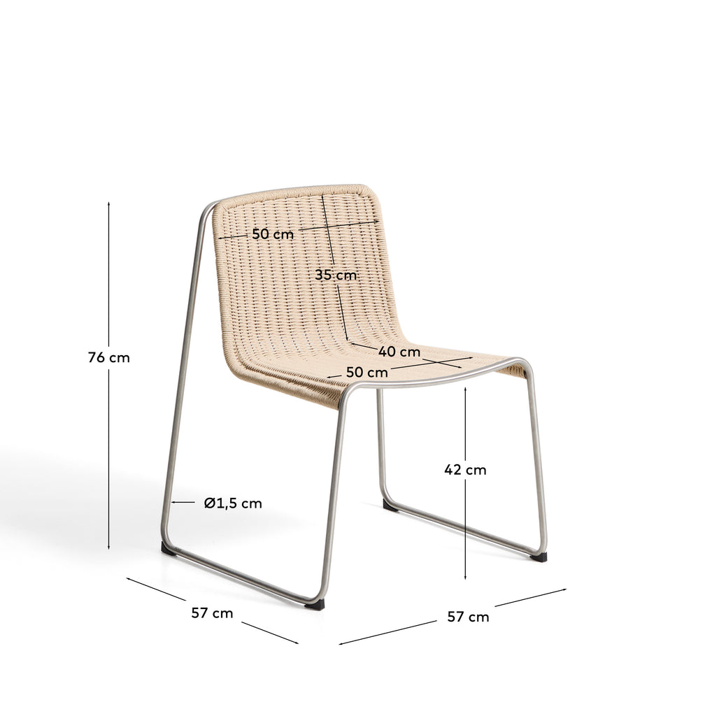 Tavari stackable chair in beige synthetic rope cord and AISI 304 stainless steel with brushed finish