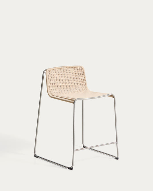 Tavari stackable stool in beige synthetic rope cord and AISI 304 stainless steel with brushed finish 65 cm