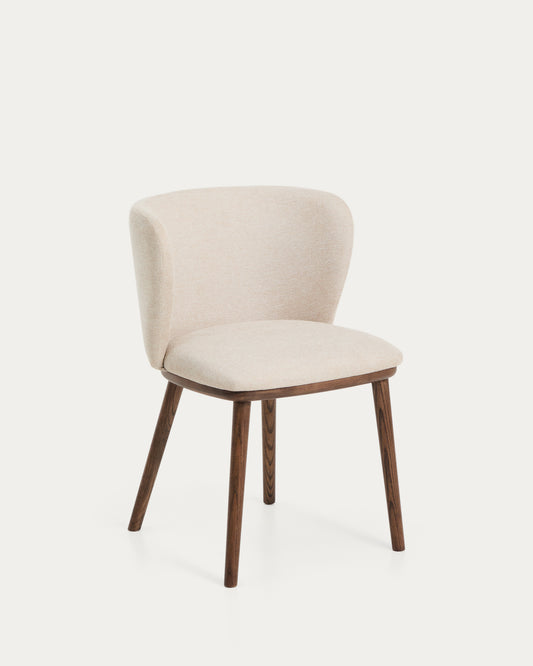 Ciselia flame-retardant beige chenille chair with solid ash wood legs with walnut-coloured finish FSC Mix Credit