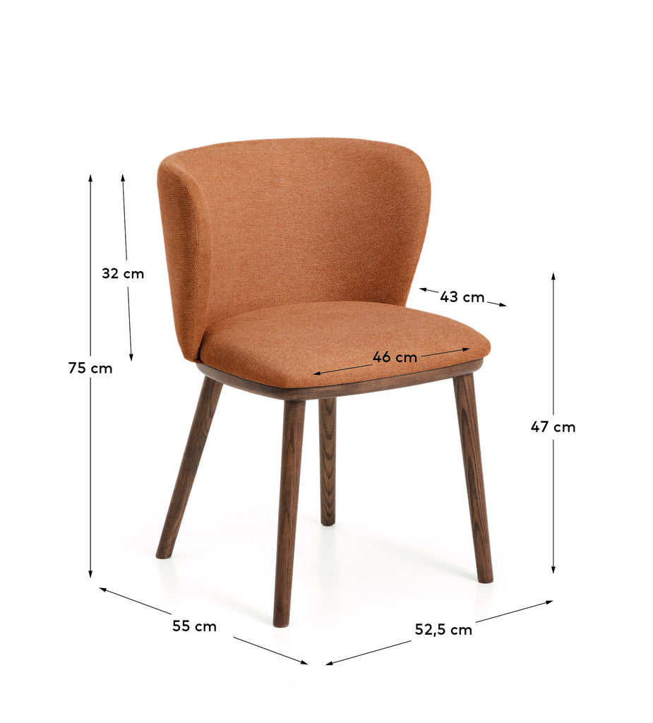 Ciselia flame-retardant terracotta thick chenille chair with solid ash wood legs with walnut-coloured finish FSC Mix Credit