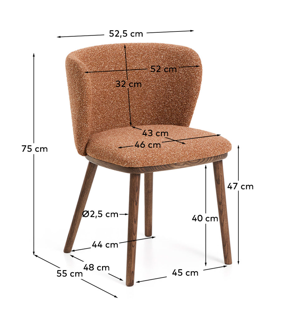 Ciselia terracotta thick chenille chair with solid ash wood legs with walnut-coloured finish FSC Mix Credit