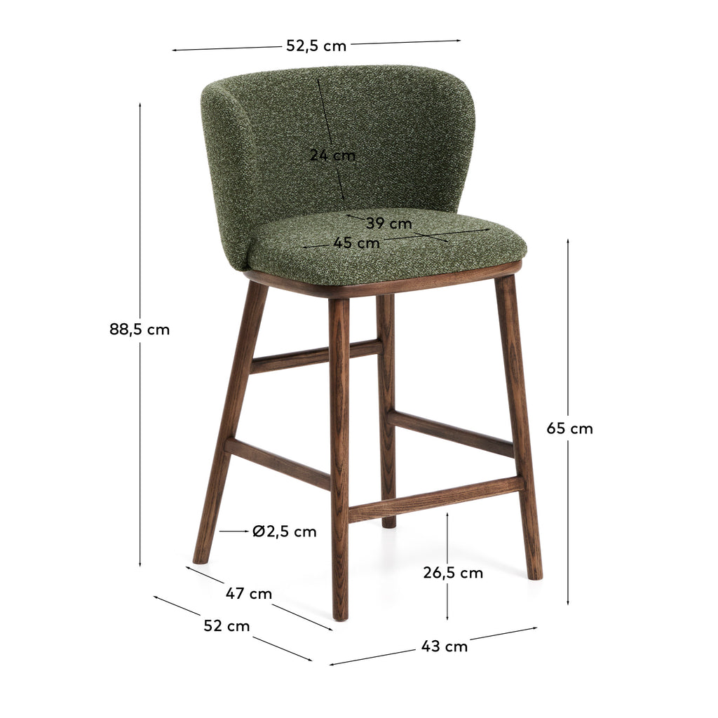 Ciselia dark green thick chenille stool with solid ash wood legs with walnut-coloured finish FSC Mix Credit 65cm