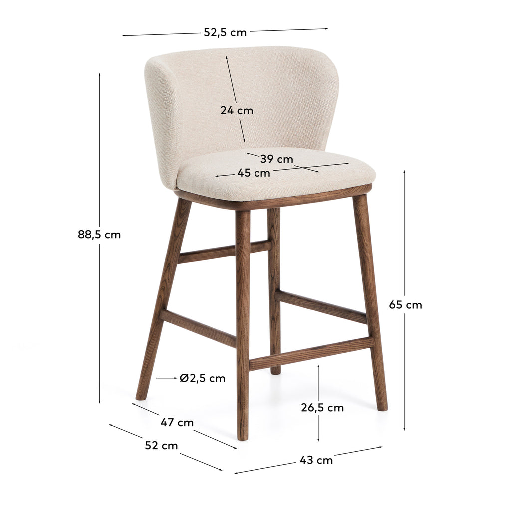Ciselia beige chenille stool with solid ash wood legs with walnut-coloured finish FSC Mix Credit 65cm