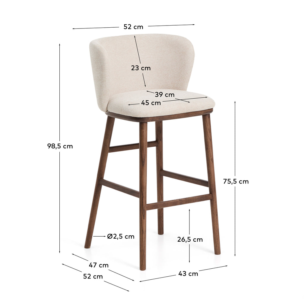 Ciselia beige chenille stool with solid ash wood legs with walnut-coloured finish FSC Mix Credit 75cm