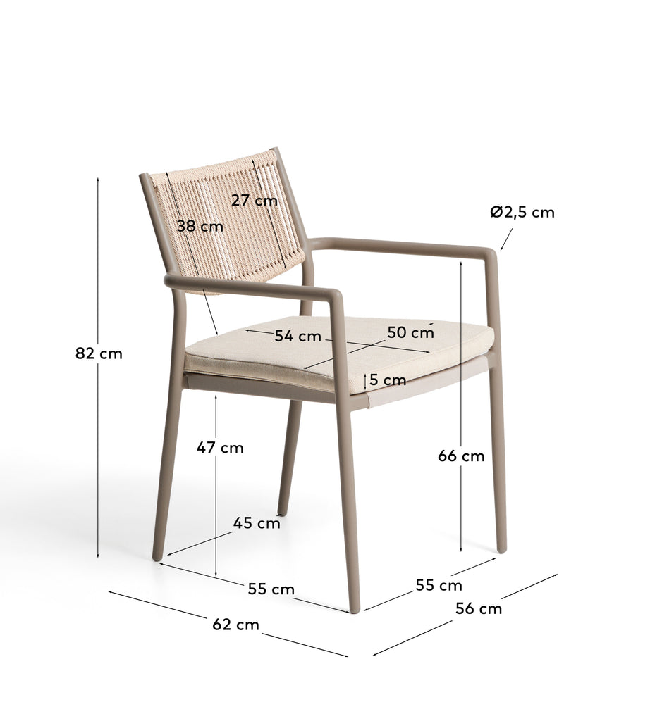 Argasi stackable outdoor chair in taupe aluminium and beige synthetic rope cord