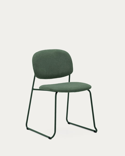 Meli stackable chair in green chenille with green metal legs FSC Mix Credit